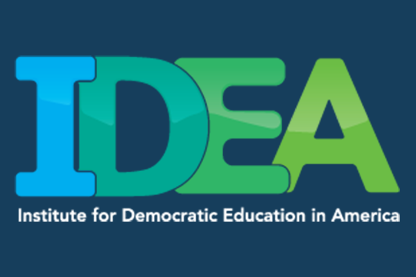 Idea in greens and blues with the text Institute for Democratic Education in America written below.