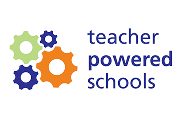 Purple, green, and orange gears next to the name, Teacher Powered Schools