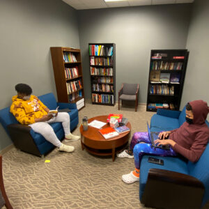 Two students in the library working.