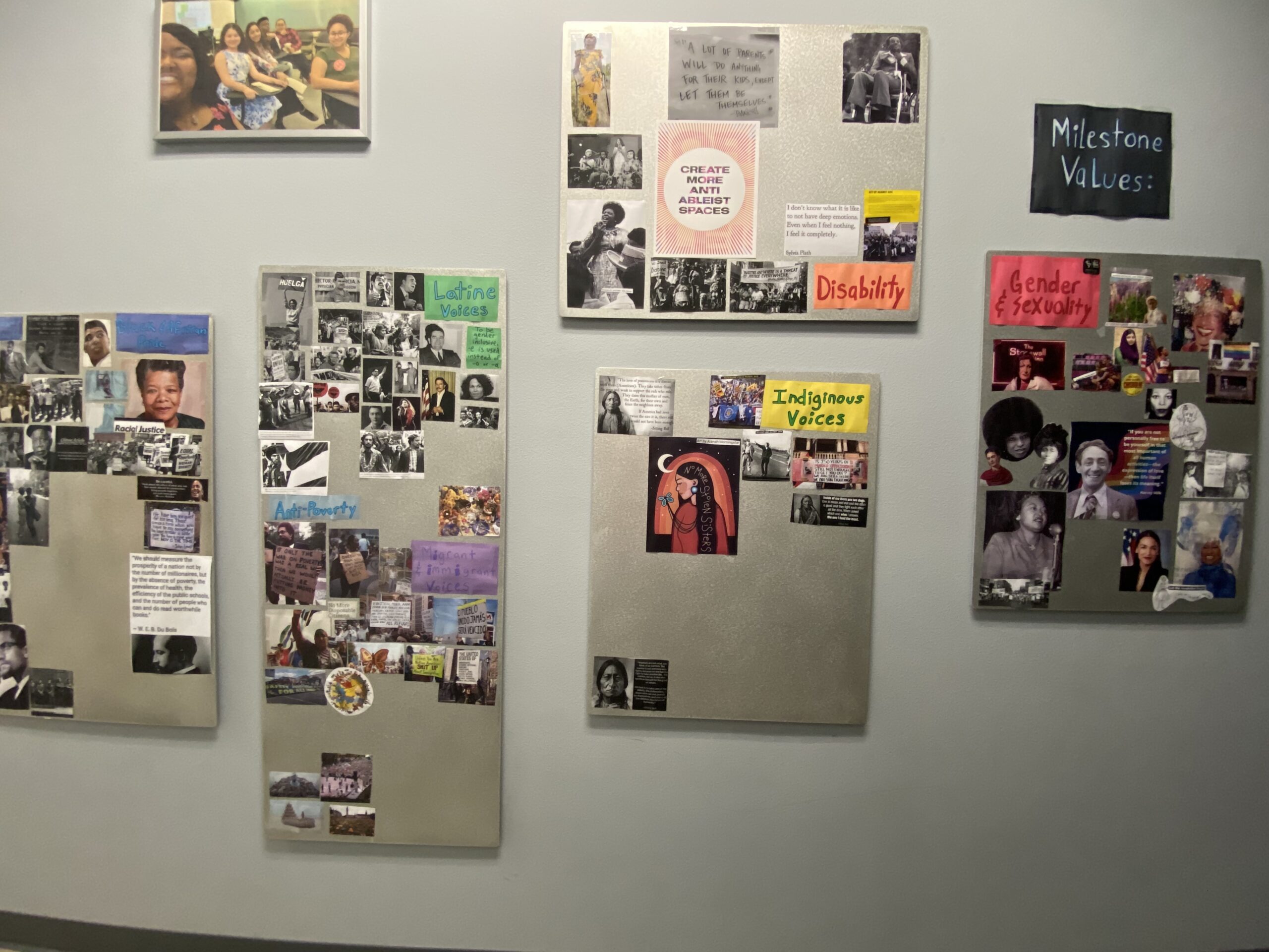 Student collages on values wall.