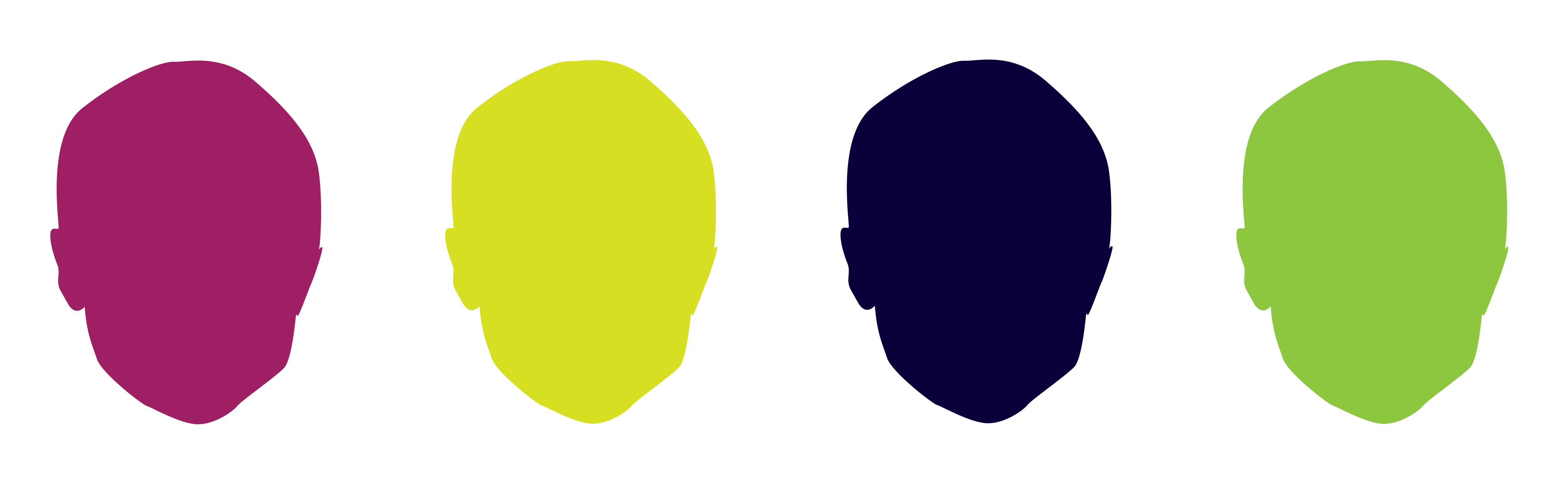 Four human head shapes, pink, yellow, blue, and green.